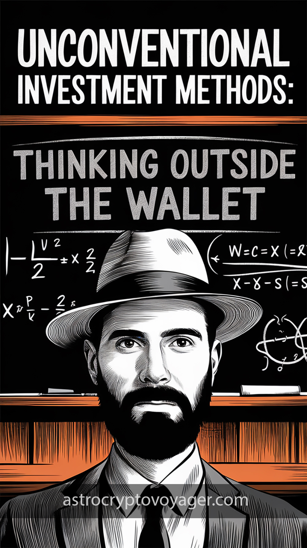 Comic book style, black and white with orange accents: Text on the image: "Unconventional Investment Methods Thinking Outside the Wallet"